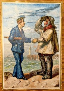 Victorian Trade Card Antique Sailors Shaking Hands Nautical Colorful Large Piece