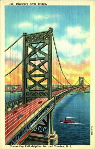 Delaware River Bridge Camden New Jersey NJ UNP Linen Postcard A5