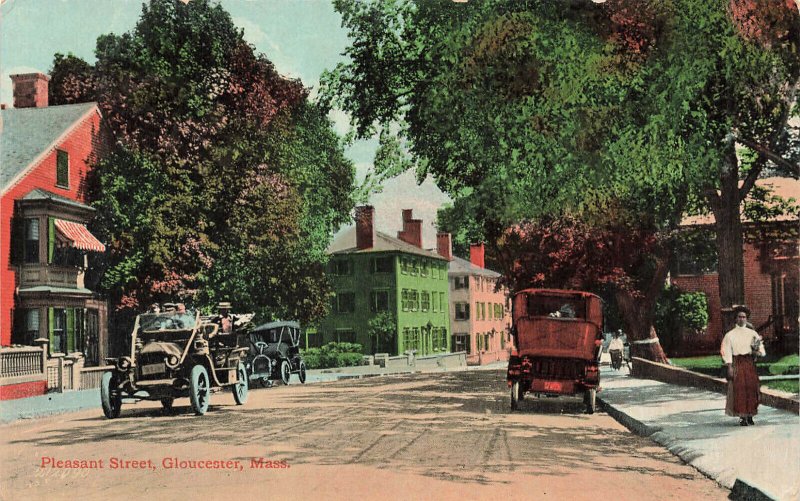 Gloucester MA Pleasant Street Old Cars Postcard