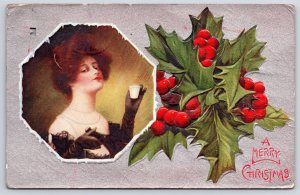 1910's A Merry Christmas Green Leaves Beautiful Lady Pretty Face Posted Postcard
