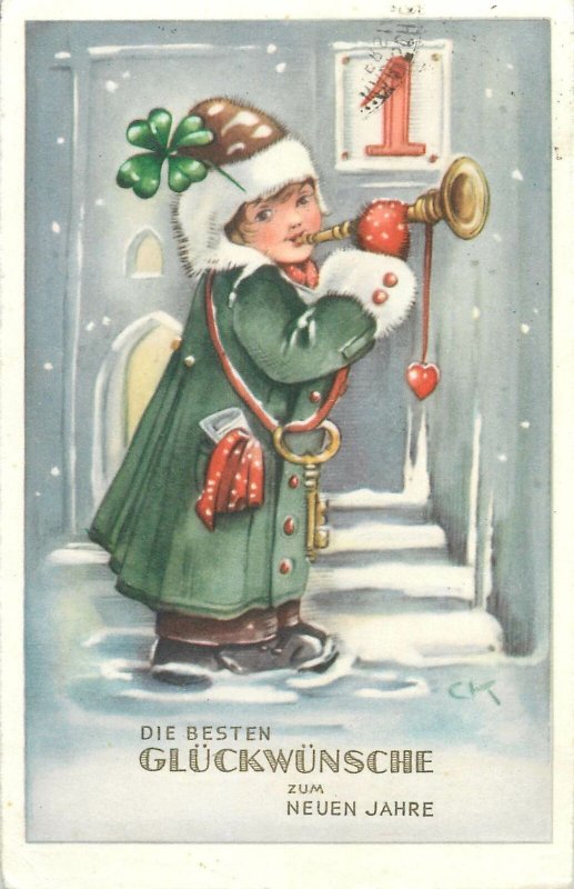 Children caricature greetings postcard Germany New year trumphet shamrock key 