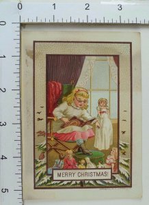Victorian Christmas Trade Card Pretty Girl Reading To Dolls Parlor Scene #A