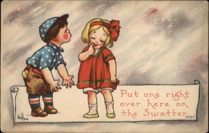 Wall Little Boy Baseball Player Kisses Girl Vintage Postcard