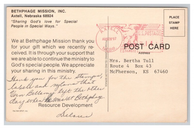 Axtell Nebraska Bethpage Mission Inc. Postcard c1987 Postmark
