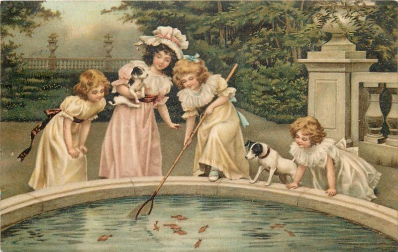 Edwardian girls fish pond puppies dogs fantasy vintage postcard 1900s