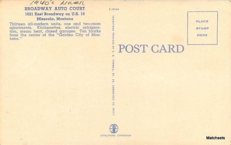 1940's Linen Broadway Auto Court MISSOULA, MONTANA E.B. THOMAS postcard 5536