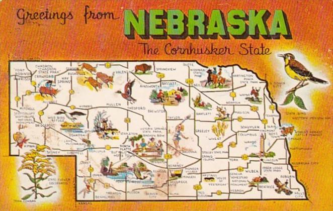 Greetings From Nebraska With Map 1962