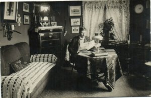 PC SWEDEN, GENTLEMAN IN HIS LIVINGROOM, Vintage REAL PHOTO Postcard (b32471)