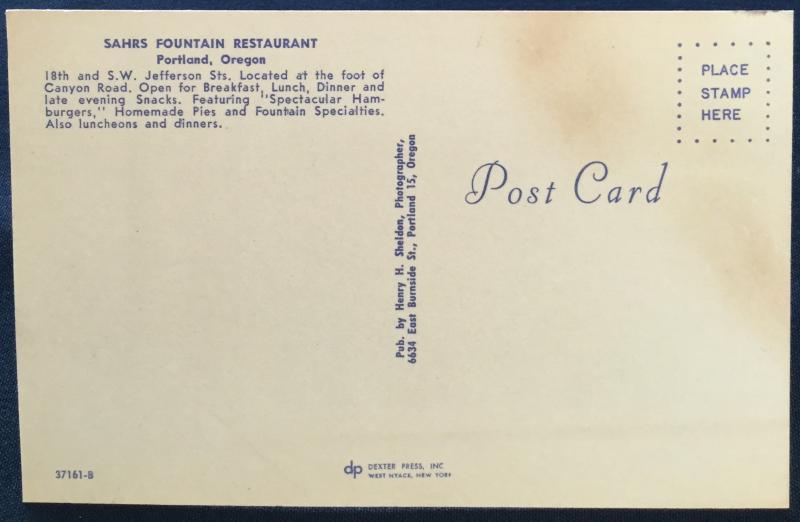 Postcard Unused Sahrs Fountain Restaurant Portland OR LB