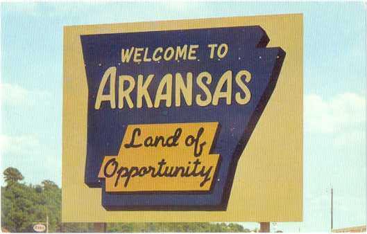 Sign: Welcome to Arkansas AR, Land of Opportunity, Chrome