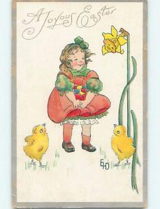 Pre-Linen easter signed CHICKS WATCH CUTE GIRL COLLECT EGGS IN HER DRESS HL1047