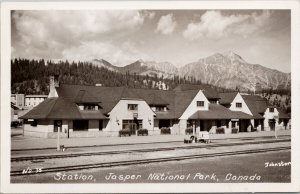 Jasper Alberta Train Station Railway Depot 1950s RPO Johnston RPPC Postcard H2