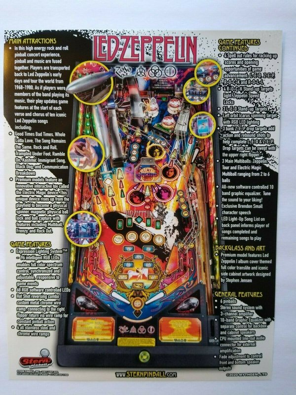 Led Zeppelin Pinball FLYER Hard Rock & Roll Music Premium Blimp UNUSED Promo 