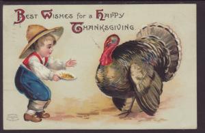 Happy Thanksgiving,Boy Feeding Turkey Postcard