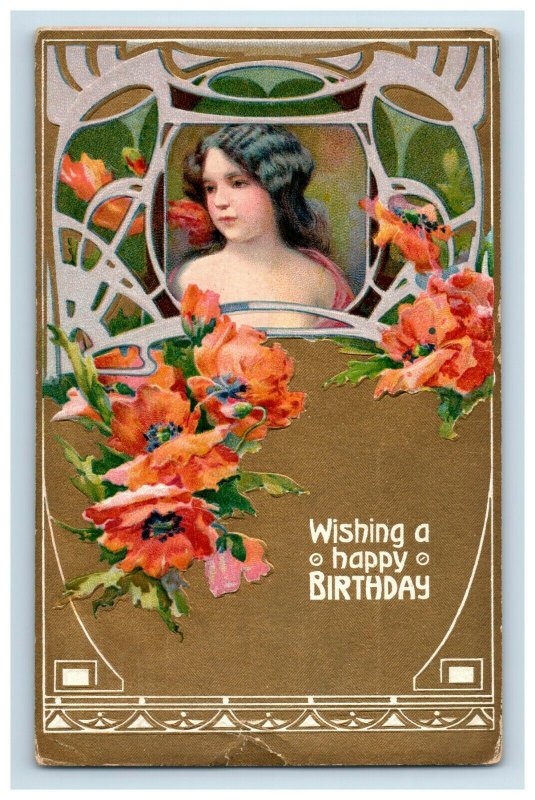 C. 1907 Art Nouveau Fab Girl Birthday German Made Postcard F93