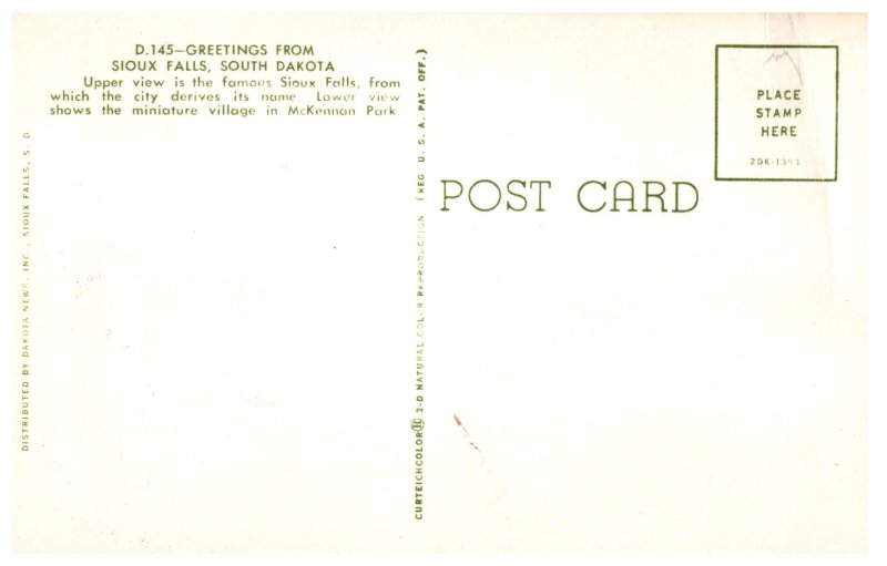 Greetings from Sioux Falls SD Postcard Waterfall McKennan Park Vintage