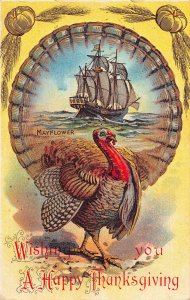 Thanksgiving Greeting Turkey Mayflower Ship Pumpkin embossed postcard B989