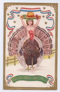 Patriotic Thanksgiving Gilt Postcard Child Fruit Tray Riding Turkey Embossed