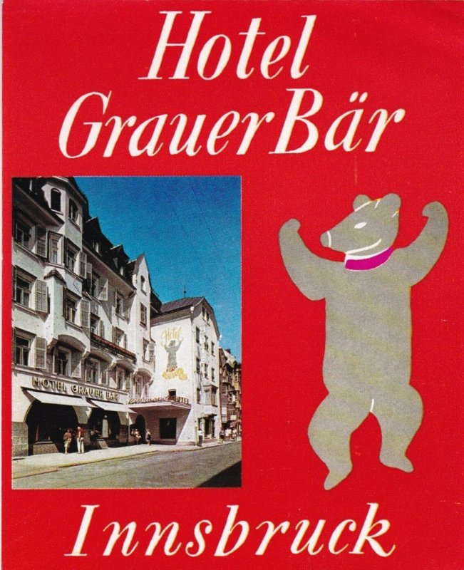 Austria Innsbruck Hotel Grauer Baer Vintage Luggage Label lbl0916