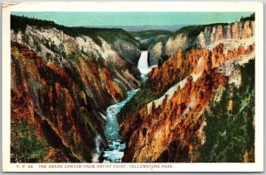 The Grand Canyon From Artist Point Yellowstone Park Wyoming Waterfalls Postcard