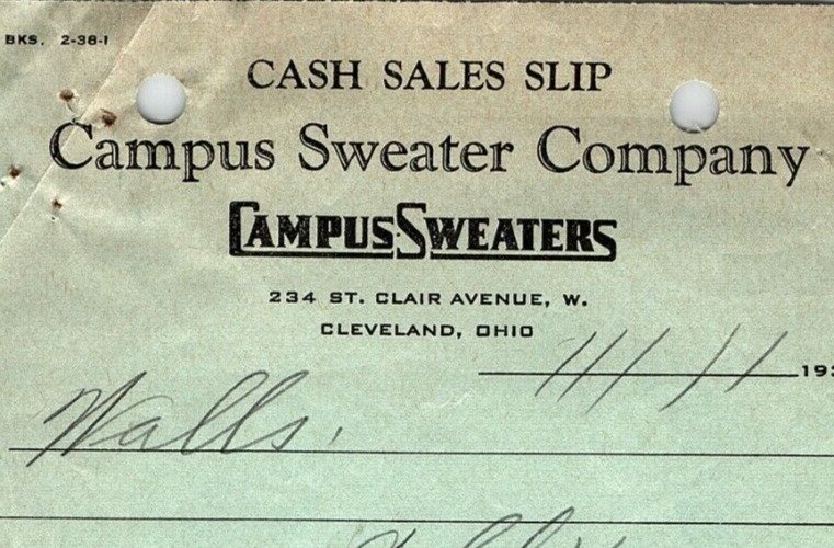 1938 CAMPUS SWEATER COMPANY CLEVELAND OH WALL'S ORRVILLE BILLHEAD CASH SLIP Z993