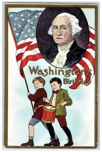 1909 Washington's Birthday Boys Drummer Patriotic Argusville ND Antique Postcard