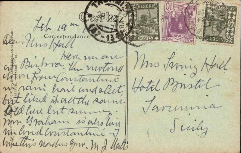 Biskra - Algerie Used Postcard Stamps & Cancels to Taormina Sicily Postcard