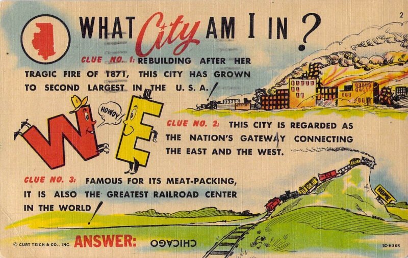 What City Am I In. Riddle, Puzzle Linen Postcard. ** Answer Chicago.