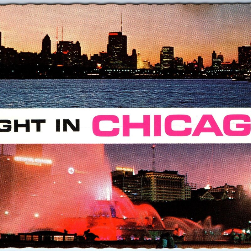 c1970s Chicago, IL Night Scenes Greetings Downtown Skyline Buckingham 4x6 PC M15