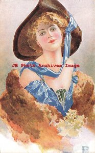 Signed EB, URS No 61-4, Pretty Woman with Fur Shawl & Brown Hat