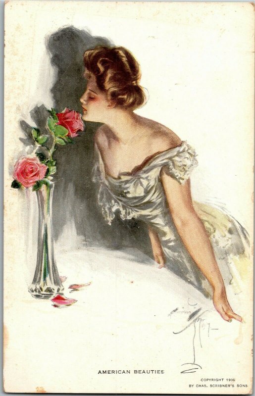 American Beauties, Woman Roses Artist Harrison Fisher Vintage Postcard A04