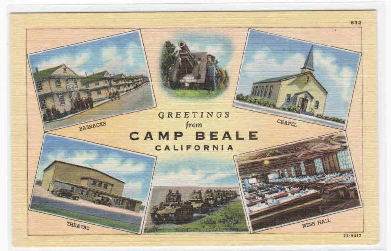 Greetings from Camp Beale California Multi View linen postcard