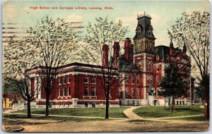 VINTAGE POSTCARD THE HIGH SCHOOL & CARNEGIE LIBRARY LANSING MICHIGAN POSTED 1909