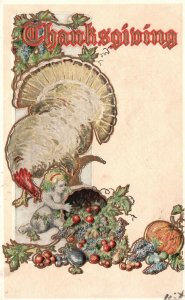 1908 Thanksgiving Greeting Bountiful Fruits Holiday Turkey Vintage Postcard