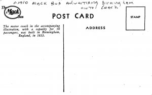 Mack Bus advertising Birmingham  C-1910 Postcard 24-9330