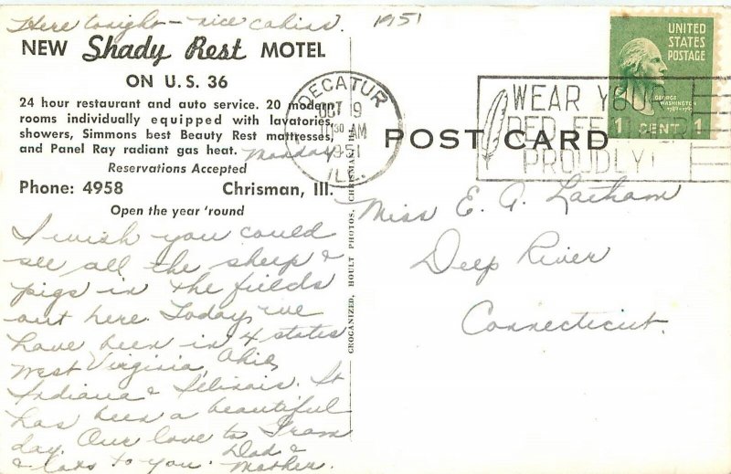 Postcard 1951 Illinois Chrisman New Shady Rest Motel occupation Hoult IL24-2003