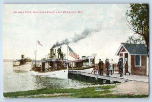 c1910 Lake Pewaukee Wisconsin WI Postcard Steamer Dock Waukesha Beach Steamship
