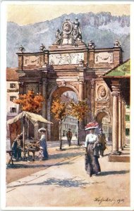 INNSBRUCK, AUSTRIA   Artist Signed Street Scene TRIUMPHAL ARCH  1914  Postcard