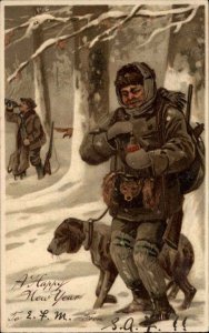 New Year Hunters Hunting Men with Dogs Winter Int'l Art c1910 Postcard