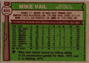 1976 Topps Baseball Card Mike Vail New York Mets sk13047