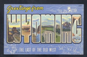 GREETINGS FROM WYOMING VINTAGE LARGE LETTER LINEN POSTCARD