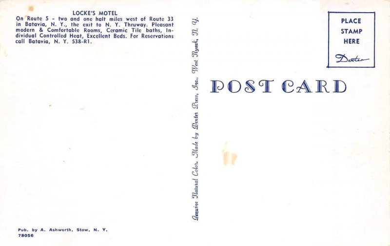 Batavia, NY New York  LOCKE'S MOTEL Genesee County  ROADSIDE  ca1950's Postcard