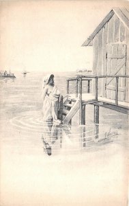 US20 Europe woman bathing near home on lake risque pin up artist signed Seolicks