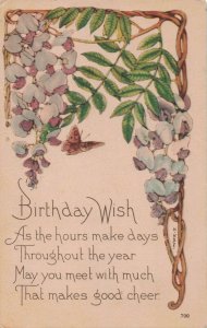 c.1907-15 Birthday Wish Butterfly Floral Postcard 2T7-121