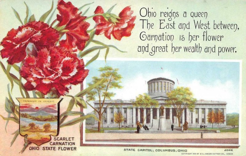 COLUMBUS, OH Ohio  STATE CAPITOL & FLOWER~Scarlet Carnation  c1910's Postcard