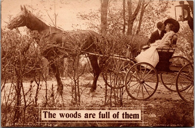 Vtg Woods Are Full of Them Horse & Wagon Couple Kissing Romance 1910s Postcard
