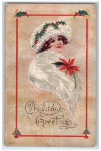 c1910's Christmas Greetings Pretty Woman Fur Bonnet Poinsettia Flowers Postcard