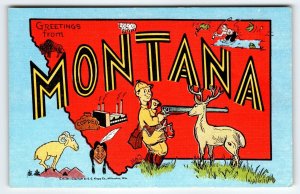 Greetings From Montana Deer Hunter Copper Factory Ram Postcard Map Linen Kropp