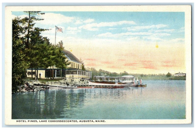 c1930's Hotel Pines Lake Cobbosseecontee Boat Scene Augusta Maine ME Postcard