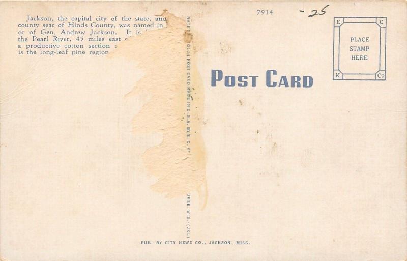 Jackson MississippiPost OfficePearl River1930s Postcard United States